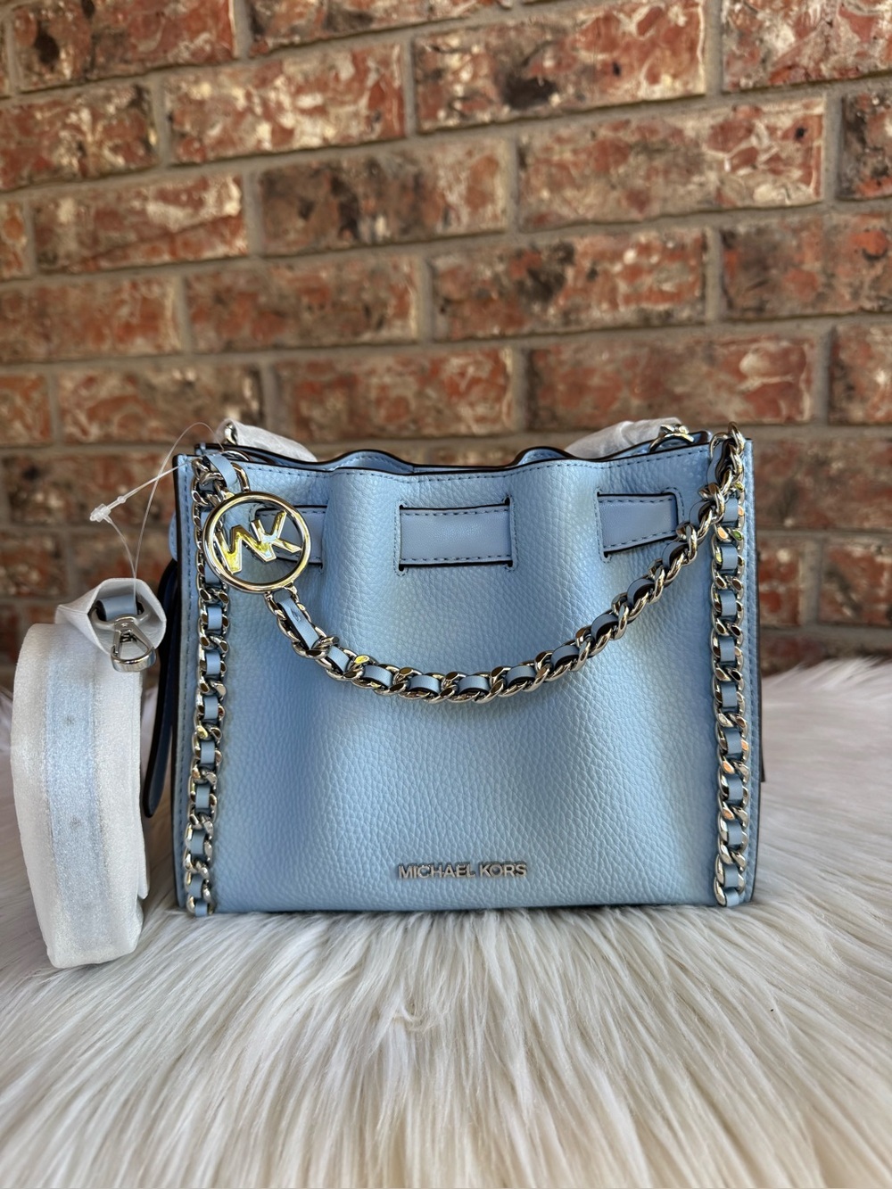 Michael Kors Blue Leather Chain-Accent Shoulder Bag